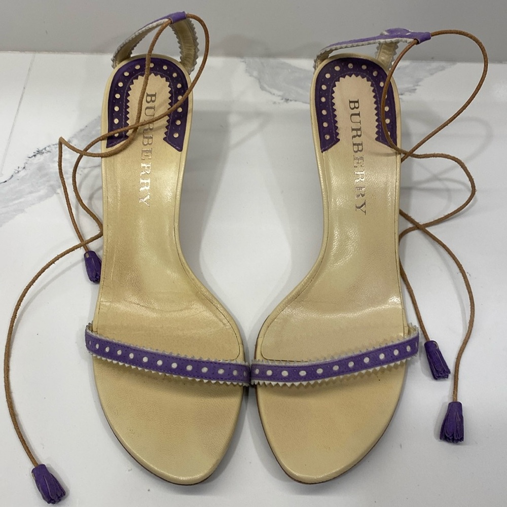 Beautiful Burberry Suede and leather ankle wrap heels with tassels.
